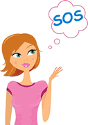 A woman with a thought bubble over her head and the word "sos," seeking to Book a Consultation.