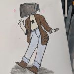 A drawing of a man wearing a VR headset displayed at Carlie's Art Gallery.