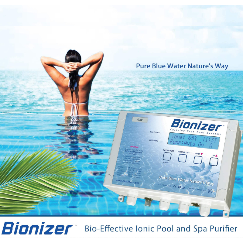 A Woman in the sea with Bionizer Logo on a box