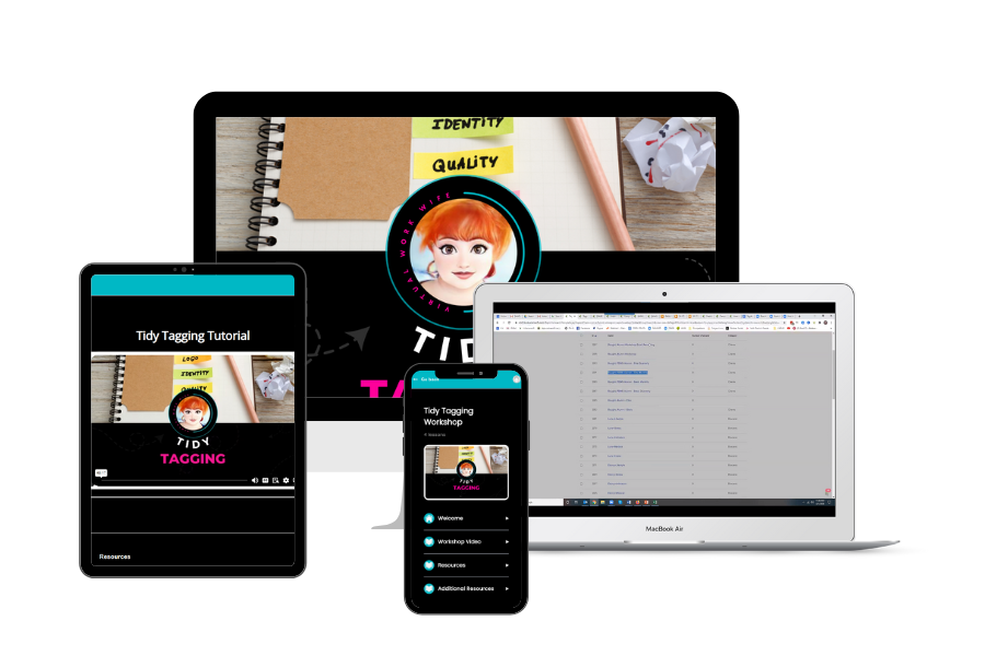 Virtual Work Wife - A collection of digital devices displaying various content related to tidy tagging and identity, including a laptop, tablet, smartphone, and notebook.