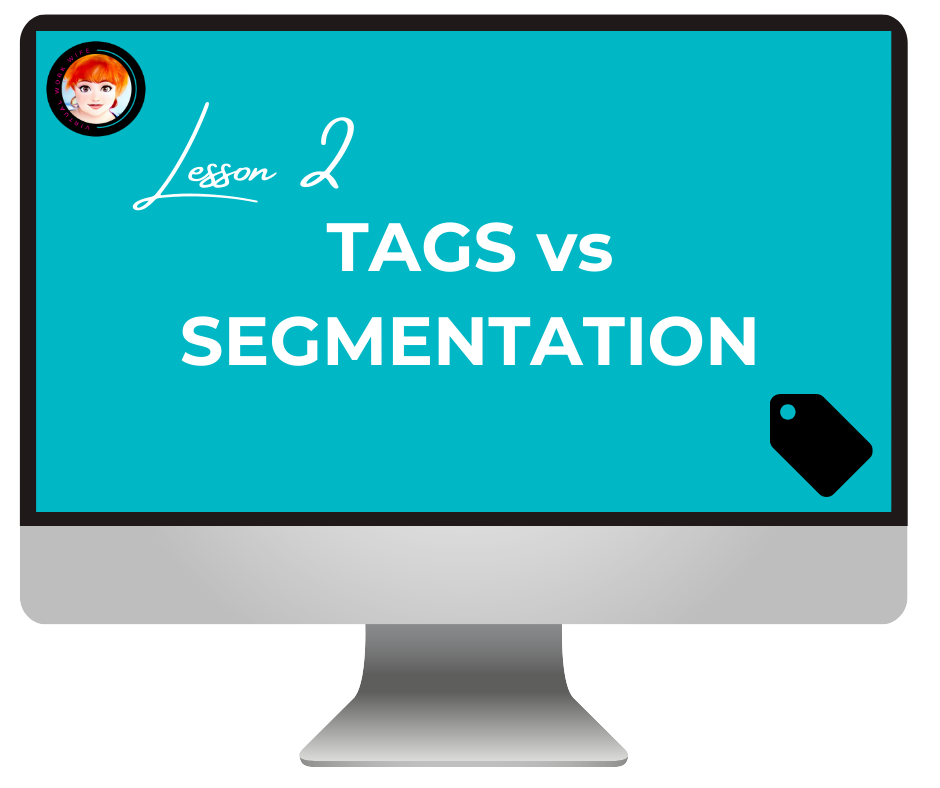 Virtual Work Wife - Computer monitor displaying a presentation slide titled "lesson 2 tidy tagging vs segmentation" with icons representing a tag and segmentation.