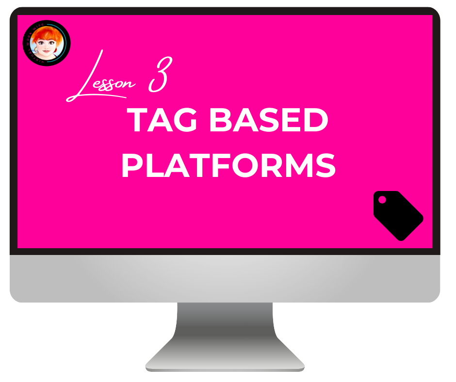 Virtual Work Wife - Computer monitor displaying a presentation slide titled "lesson 3: SEO and tidy tagging" with a tag icon and a female avatar in the upper left corner.
