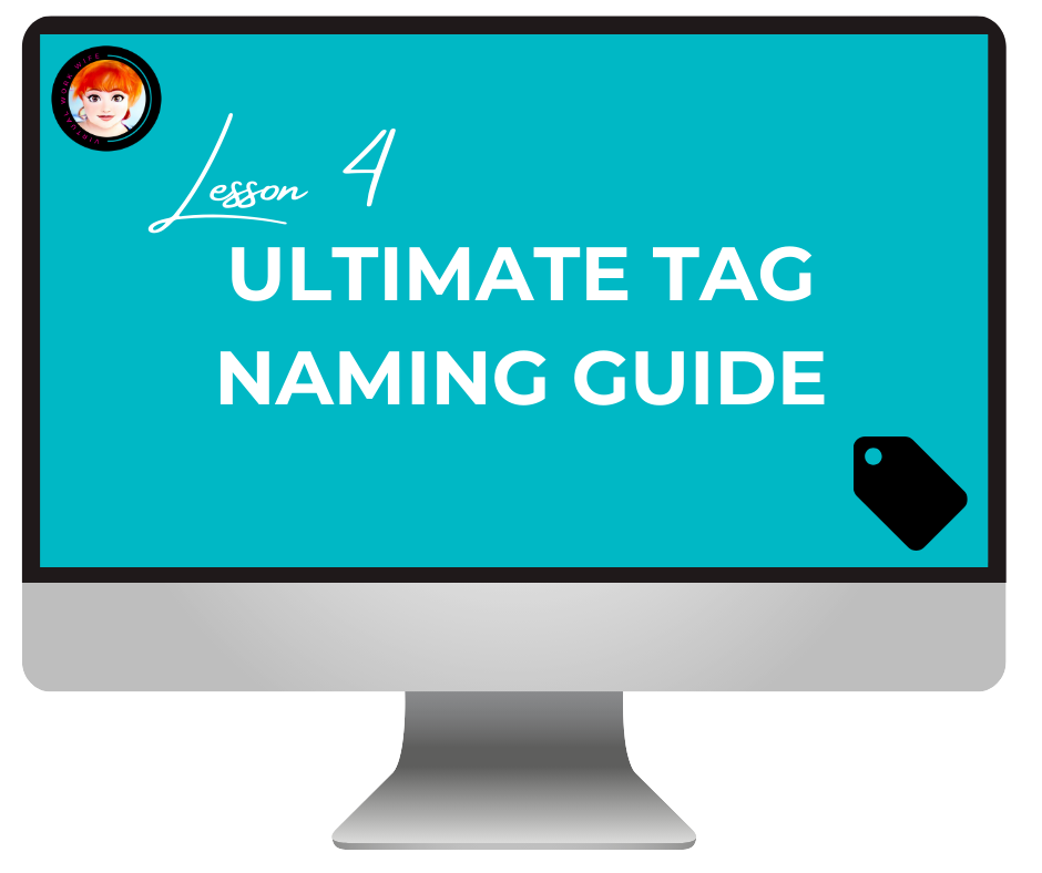 Virtual Work Wife - Computer monitor displaying a presentation slide titled 'Lesson 4: Ultimate SEO Keywords and Tidy Tagging Guide' with a graphic of a tag icon.