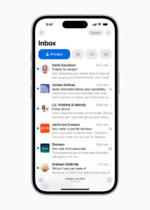 Virtual Work Wife - An Apple smartphone screen showcases an email inbox featuring branded emails from Darla Davidson, United Airlines, Liz, Kristina & Melody, Jeni's Ice Creams, Disney+, and Graham McDougle.