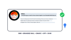 Virtual Work Wife - An email interface displays a message about Apple's influential Branded Mail feature reshaping email marketing. Below, text highlights SEO elements like BIMI, DMARC, SPF, and DKIM.