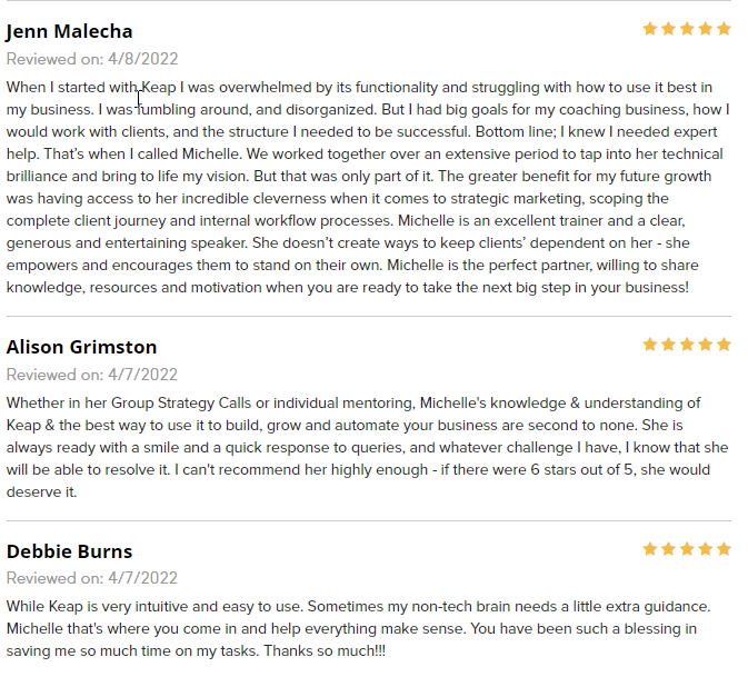 Virtual Work Wife - Three reviews of a coaching service from Jenn Malecha, Alison Grimston, and Debbie Burns, each praising the accelerator's impact on their business and personal growth.
