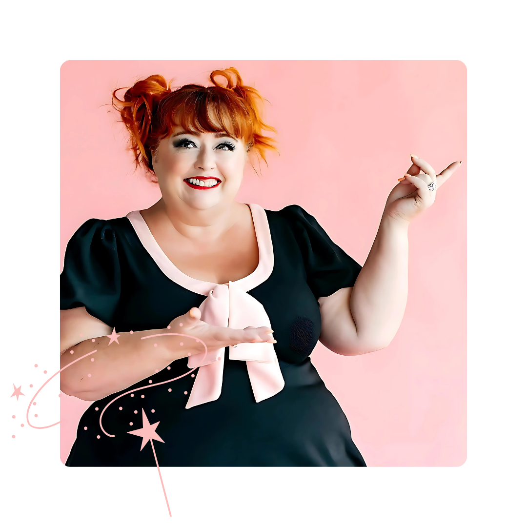 Virtual Work Wife - A woman with red hair in buns smiles, gesturing energetically. She wears a black dress adorned with a pink bow, embodying the perfect virtual work wife vibe against a whimsical pink background sprinkled with starry graphic elements. Virtual Work Wife - A woman with red hair in buns smiles, gesturing energetically. She wears a black dress adorned with a pink bow, embodying the perfect virtual work wife vibe against a whimsical pink background sprinkled with starry graphic elements.
