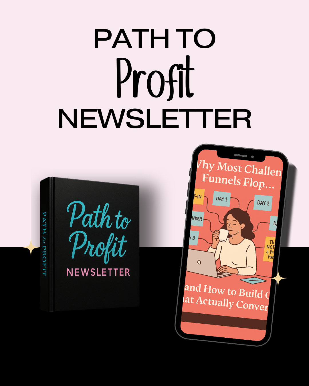 Virtual Work Wife - A book and a smartphone display "Path to Profit Newsletter" branding; the phone screen highlights a Black Friday funnel challenge with a woman using her laptop and exclusive tips for success.