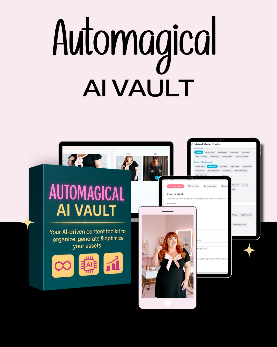 Virtual Work Wife - Automagical AI Vault Black Friday promotional image featuring a product box and screens showcasing digital content, including a woman, web interfaces, and toolkit icons.