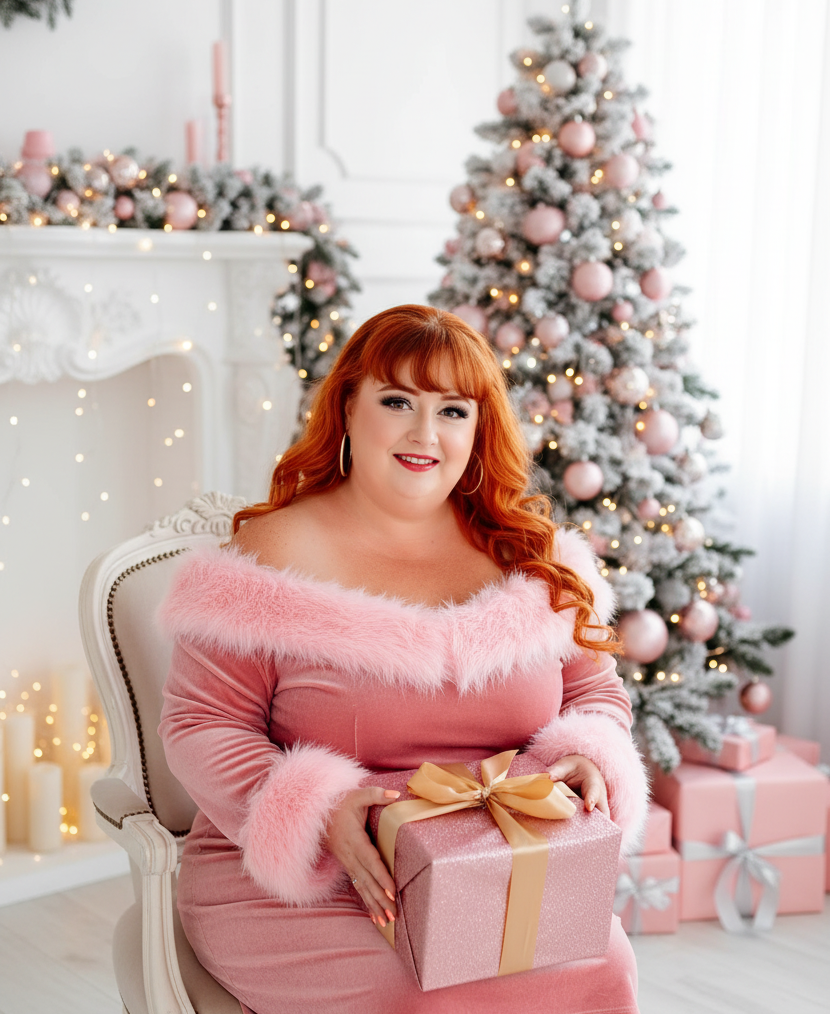 Virtual Work Wife - Woman in a pink dress sits on a chair holding a wrapped gift in a room decorated with a pink and white Christmas tree and holiday decorations.