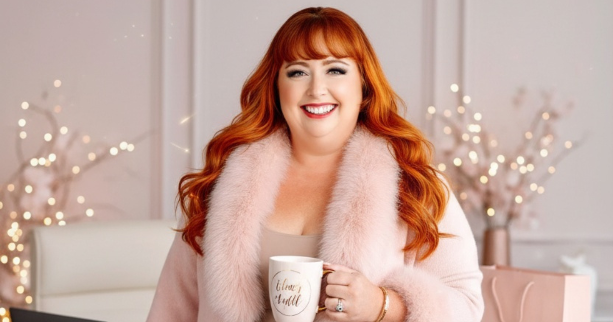 Virtual Work Wife - Woman with long red hair in a light pink coat holds a mug and smiles, sitting in a softly lit room with decorative branches in the background.