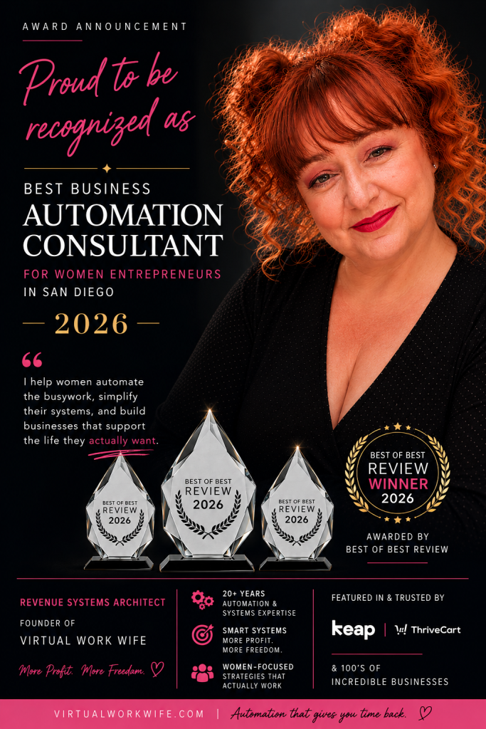 Virtual Work Wife - A woman with red hair poses beside trophies, celebrating her recognition as Best Business Automation Consultant for women entrepreneurs in San Diego, 2026. Text highlights her achievements.