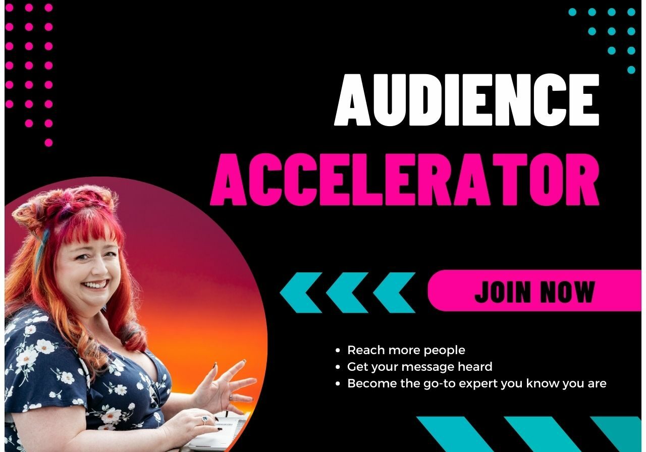 An image of a woman with red hair showcasing an audience accelerator self-paced program.