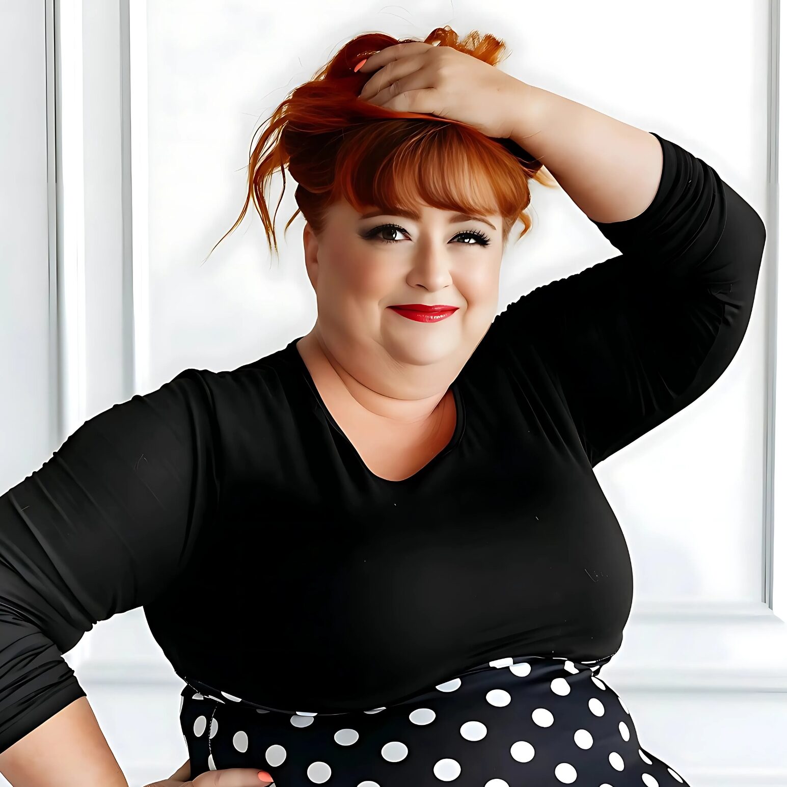 Virtual Work Wife - Person with red hair in a black top holds their hair with one hand, smiling warmly against a white background—a perfect portrait of your cheerful virtual work wife. Virtual Work Wife - Person with red hair in a black top holds their hair with one hand, smiling warmly against a white background—a perfect portrait of your cheerful virtual work wife.
